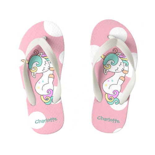 Cute Napping Unicorn with Childs Name Kids Flip Flops