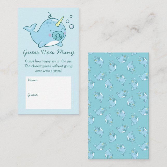 Cute Narwhal Baby Shower Guess How Many Blue Boy Enclosure Card (Front/Back)