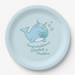 Cute Narwhal Baby Shower Kawaii Blue Boy Paper Plates