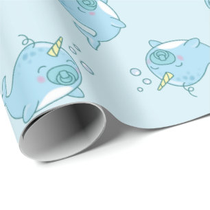 Cute Narwhal Baby Shower Kawaii Blue Boy Wrapping Paper