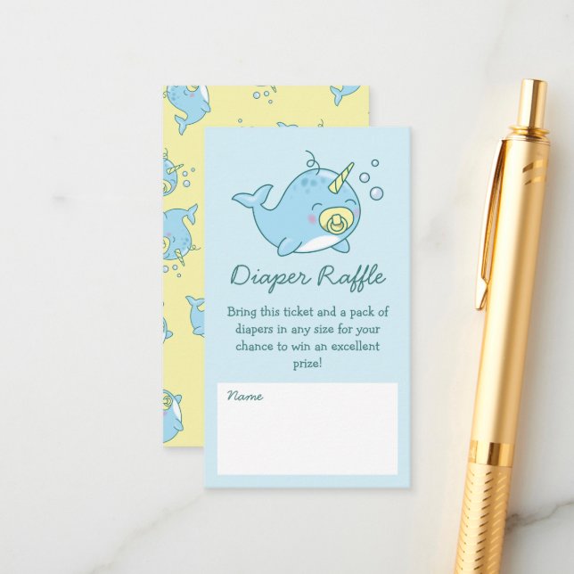 Cute Narwhal Baby Shower Kawaii Diaper Raffle Enclosure Card (Front/Back In Situ)
