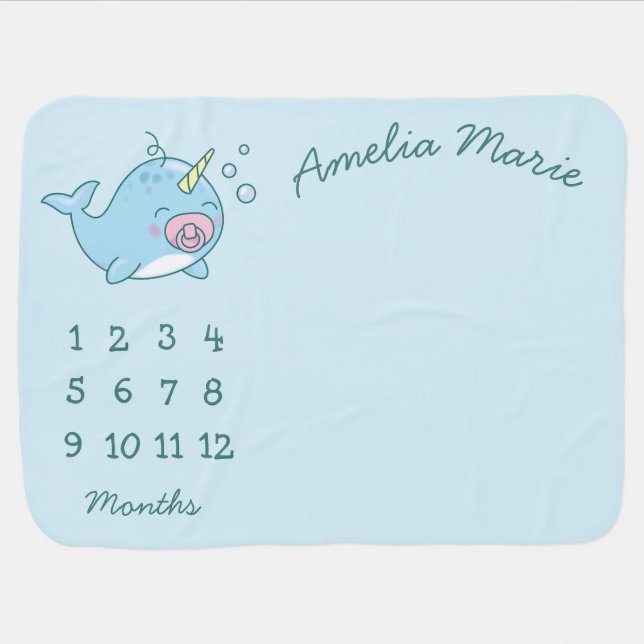 Cute Narwhal Baby Shower Kawaii Pink Girl Baby Blanket (Horizontal)