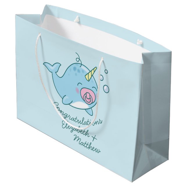 Cute Narwhal Baby Shower Kawaii Pink Girl Large Gift Bag (Back Angled)