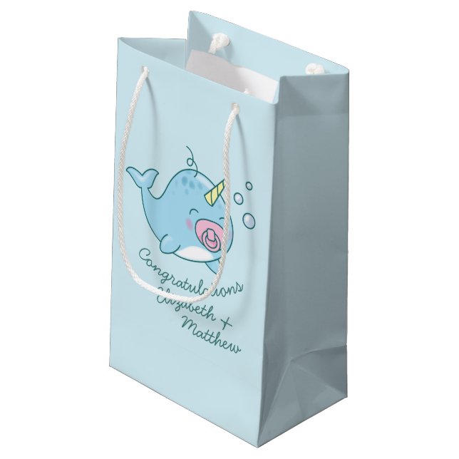 Cute Narwhal Baby Shower Kawaii Pink Girl Small Gift Bag (Back Angled)