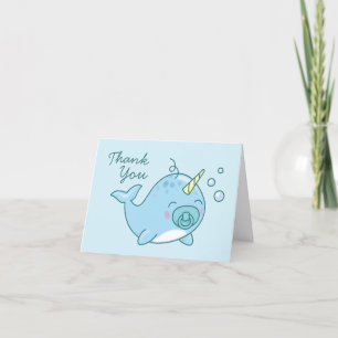 Cute Narwhal Baby Shower Kawaii Thank You Blue Boy Card