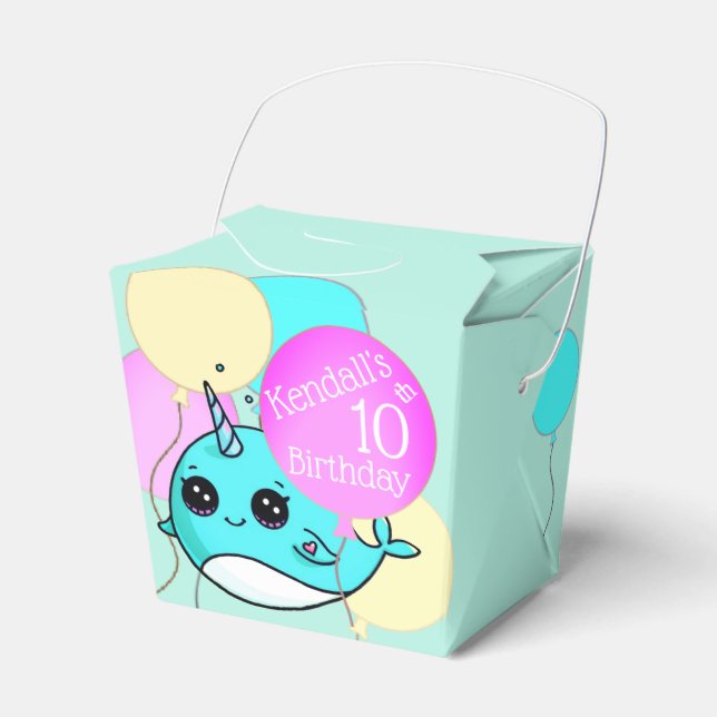 Cute Narwhal, Balloons Birthday Party Personalized Favor Boxes (Front Side)