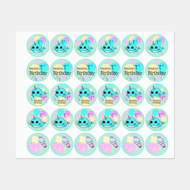 Cute Narwhal Birthday Party Personalized Name Age Labels (Sheet)