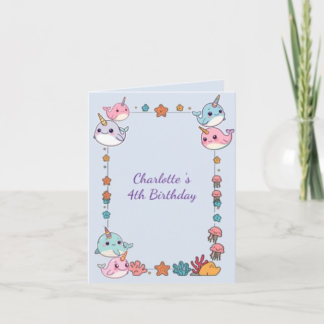 Cute Narwhal fish Pattern Watercolor Under the Sea Card (Front)