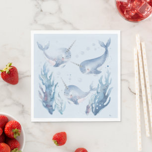 Cute Narwhal fish Pattern Watercolor Under the Sea Napkins