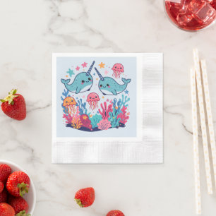 Cute Narwhal fish Pattern Watercolor Under the Sea Napkins
