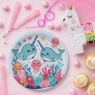 Cute Narwhal fish Pattern Watercolor Under the Sea Paper Plates