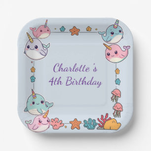 Cute Narwhal fish Pattern Watercolor Under the Sea Paper Plates