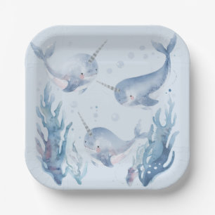 Cute Narwhal fish Pattern Watercolor Under the Sea Paper Plates