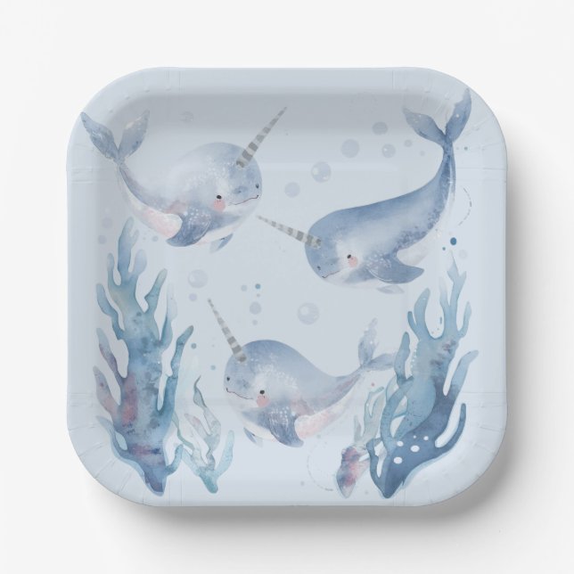 Cute Narwhal fish Pattern Watercolor Under the Sea Paper Plates (Front)