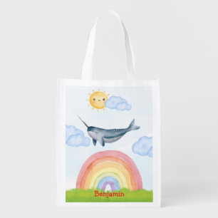 Cute narwhal fish unicorn Birthday Party Grocery Bag