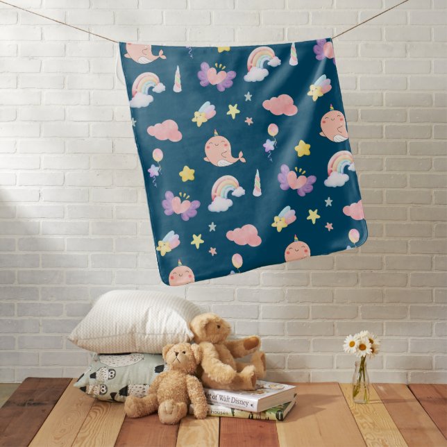 Cute Narwhal Fish Unicorn Rainbow sea Birthday  Baby Blanket (In Situ)