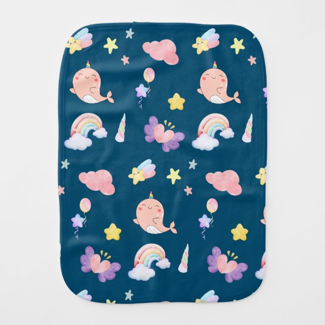 Cute Narwhal Fish Unicorn Rainbow sea Birthday  Baby Burp Cloth (Front)