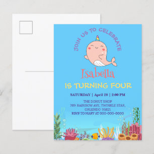 Cute Narwhal Fish Unicorn Rainbow sea Birthday  Invitation Postcard