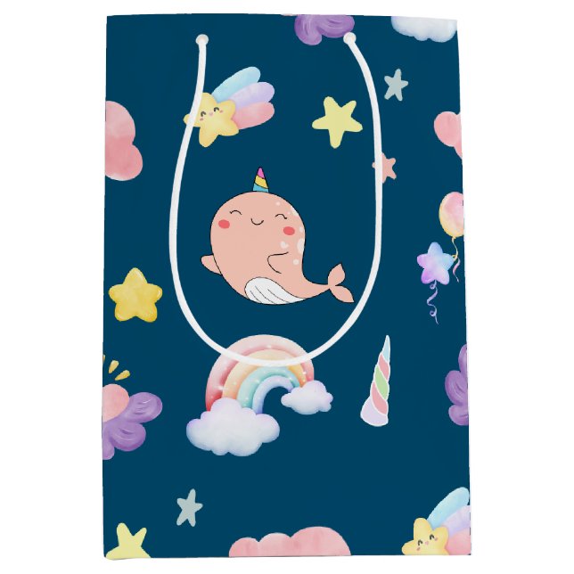 Cute Narwhal Fish Unicorn Rainbow sea Birthday  Medium Gift Bag (Front)