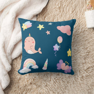 Cute Narwhal Fish Unicorn Rainbow sea Birthday Throw Pillow
