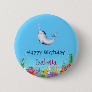 Cute Narwhal Fish Unicorn Whale sea Birthday  Button