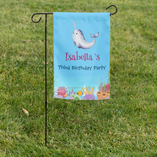 Cute Narwhal Fish Unicorn Whale sea Birthday  Garden Flag (In SItu)