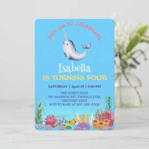 Cute Narwhal Fish Unicorn Whale sea Birthday Invitation