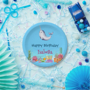 Cute Narwhal Fish Unicorn Whale sea Birthday  Paper Plates