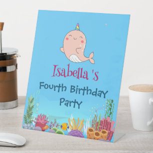 Cute Narwhal Fish Unicorn Whale sea Birthday Pedestal Sign