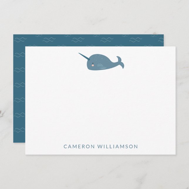 Cute Narwhal in Blue Personalized Baby and Kids  Note Card (Front/Back)