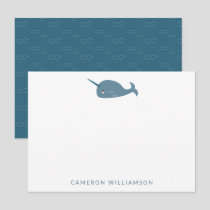 Cute Narwhal in Blue Personalized Baby and Kids  Note Card