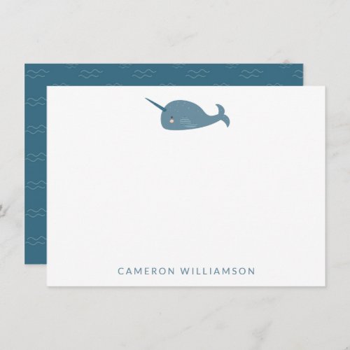 Cute Narwhal in Blue Personalized Baby and Kids  Note Card