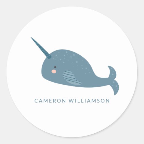 Cute Narwhal in Blue Personalized   Classic Round Sticker