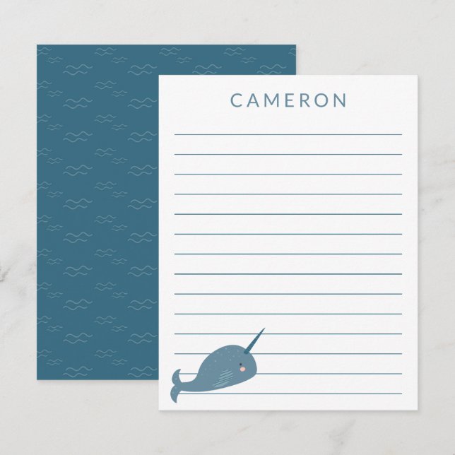 Cute Narwhal in Blue Personalized Kids Lined  Thank You Card (Front/Back)