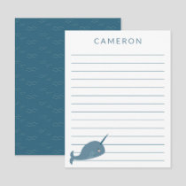 Cute Narwhal in Blue Personalized Kids Lined  Thank You Card