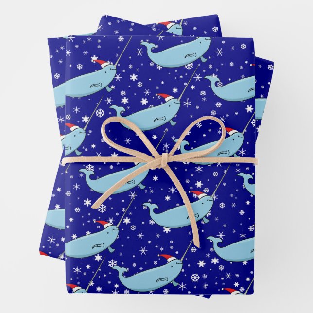 Cute Narwhal in Santa Hat Pattern Wrapping Paper (In situ)