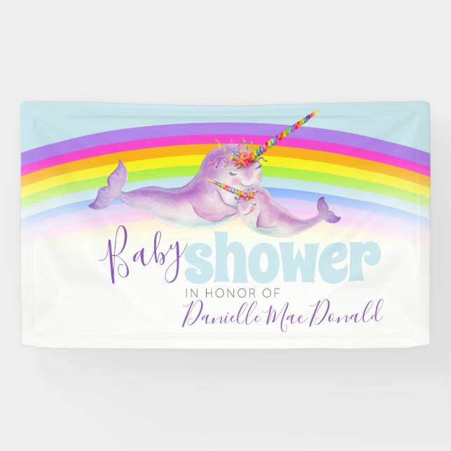 Cute narwhal mother and baby rainbow baby shower banner (Horizontal)
