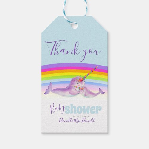 Cute narwhal mother and baby rainbow baby shower gift tags