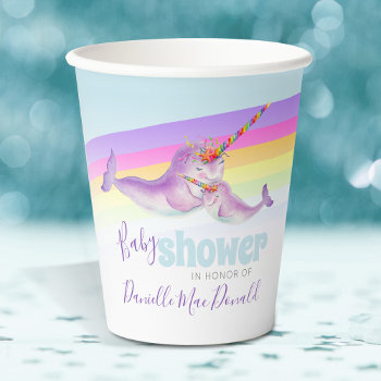 Cute Narwhal Mother And Baby Rainbow Baby Shower Paper Cups by Mylittleeden at Zazzle
