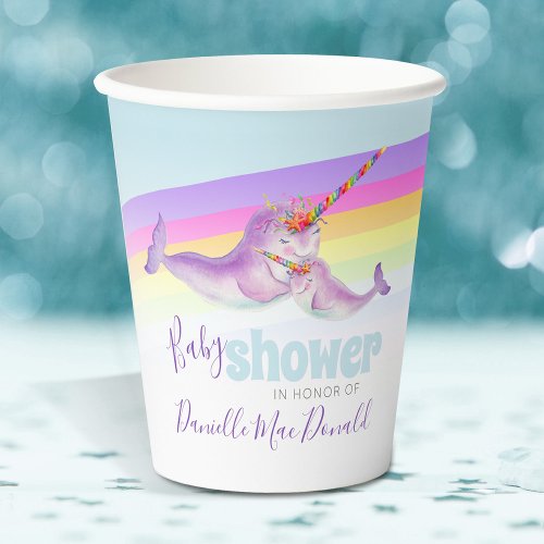 Cute narwhal mother and baby rainbow baby shower paper cups