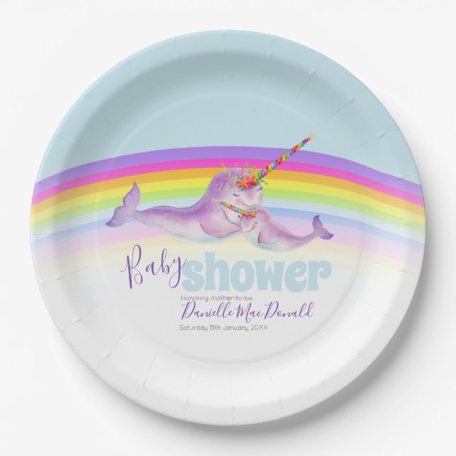 Cute narwhal mother and baby rainbow baby shower paper plates (Front)