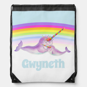 Cute narwhal mother and baby rainbow drawstring bag