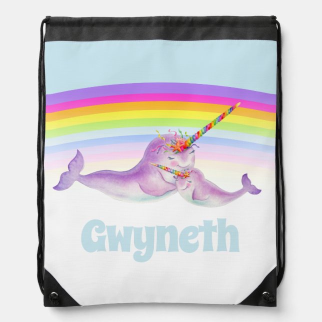 Cute narwhal mother and baby rainbow drawstring bag (Front)