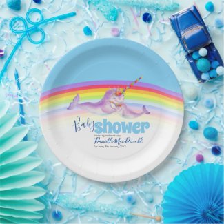 Cute narwhal mother baby blue rainbow baby shower paper plates