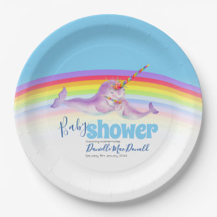 Cute narwhal mother baby blue rainbow baby shower paper plates