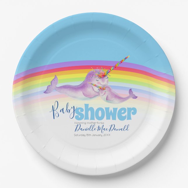 Cute narwhal mother baby blue rainbow baby shower paper plates (Front)