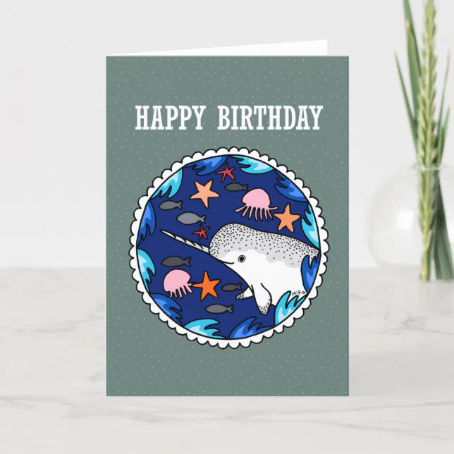 Cute Narwhal Nautical Unicorn Happy Birthday Thank You Card | Zazzle