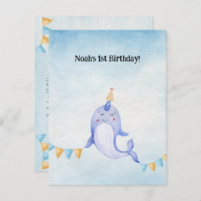 Cute Narwhal Ocean Theme Narwal Birthday Invite (Front/Back)