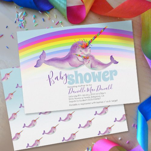 Cute narwhal rainbow baby shower invitations