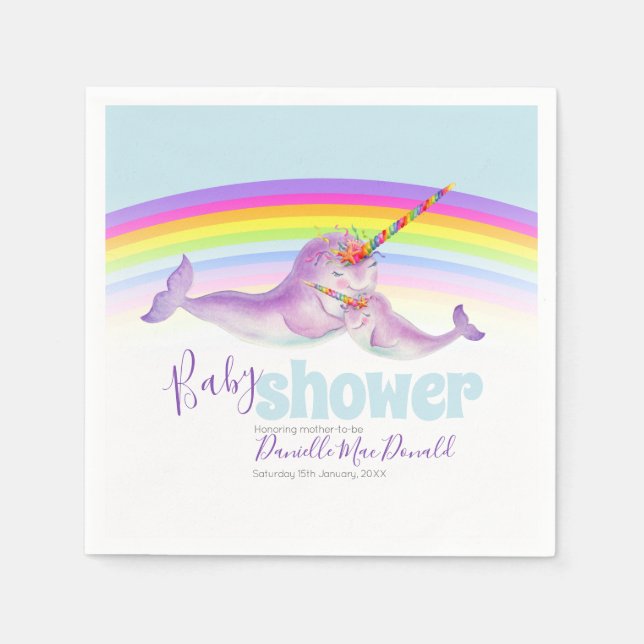 Cute narwhal rainbow baby shower napkins (Front)